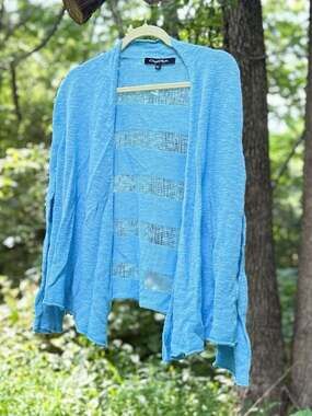 Cheryl Nash Blue Linen Blend Open Knit Cardigan